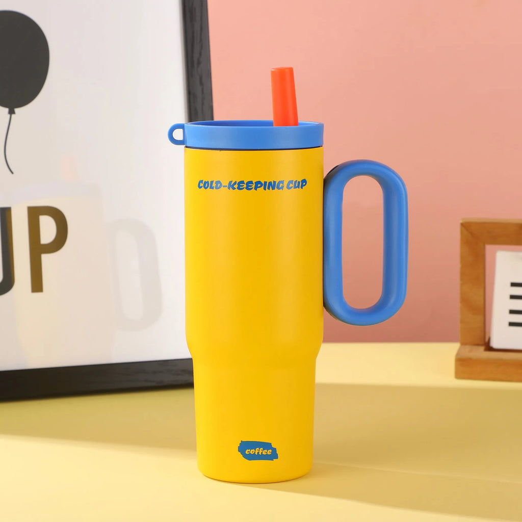 Large insulated straw cup with handle in multiple colour options