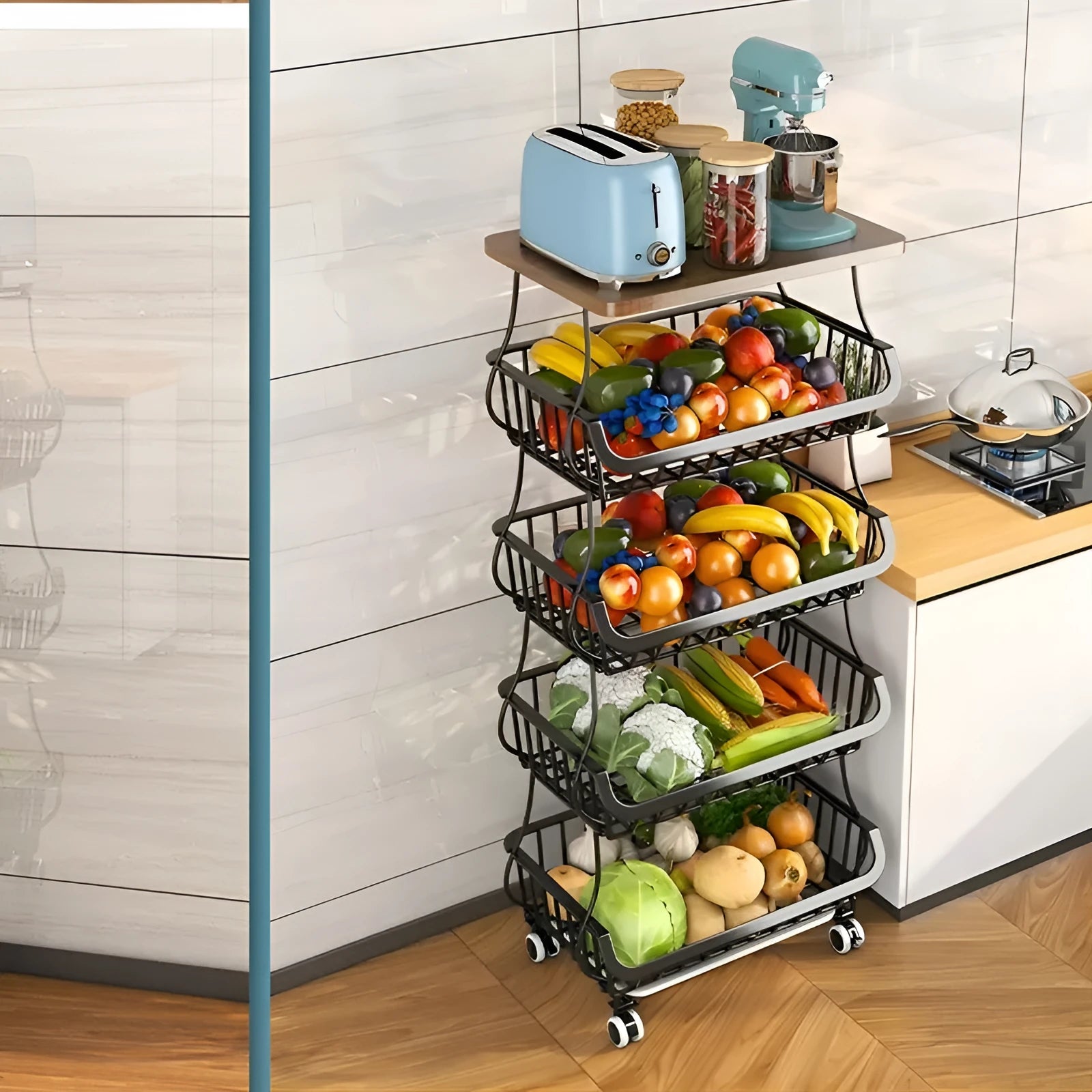 Black six-layer kitchen storage trolley with foldable design on floor