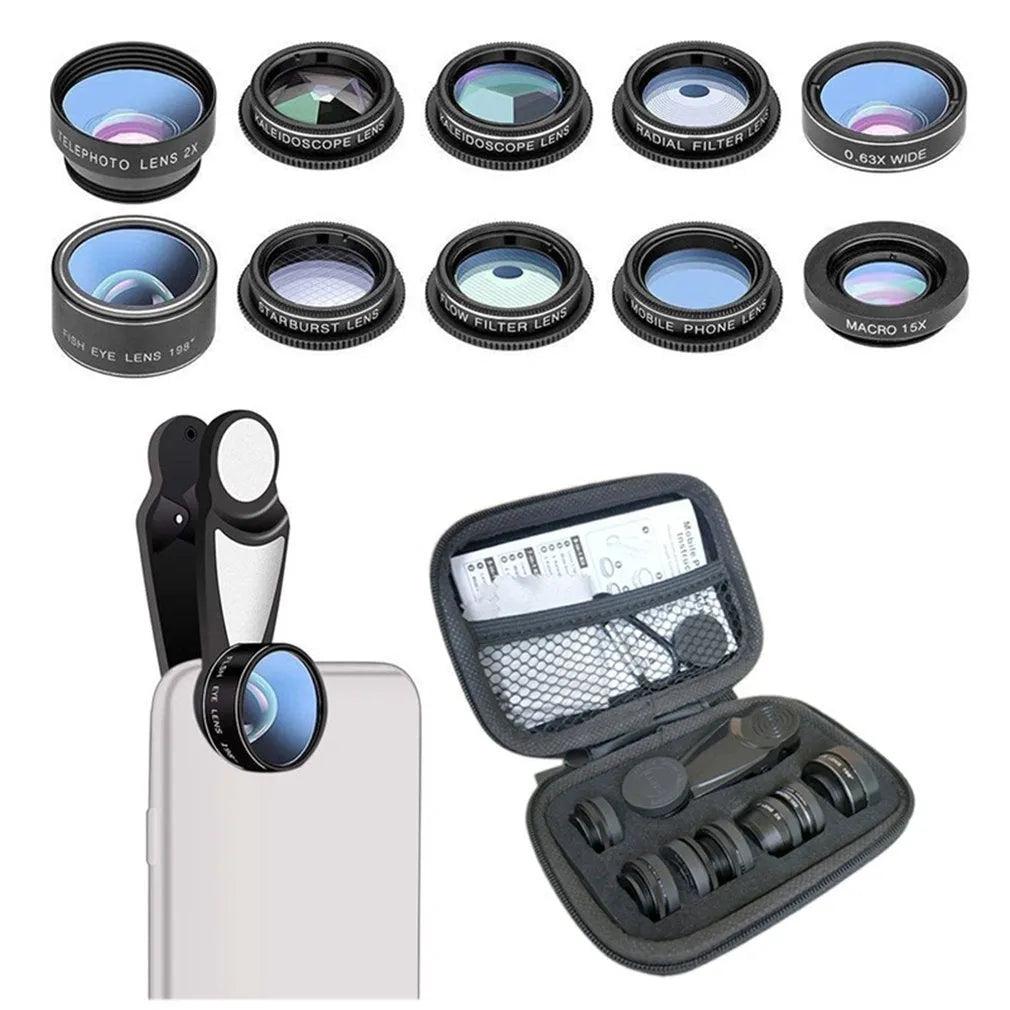 Black ten-in-one set of external HD glass camera lenses with aluminium-magnesium alloy housing for mobile phones.
