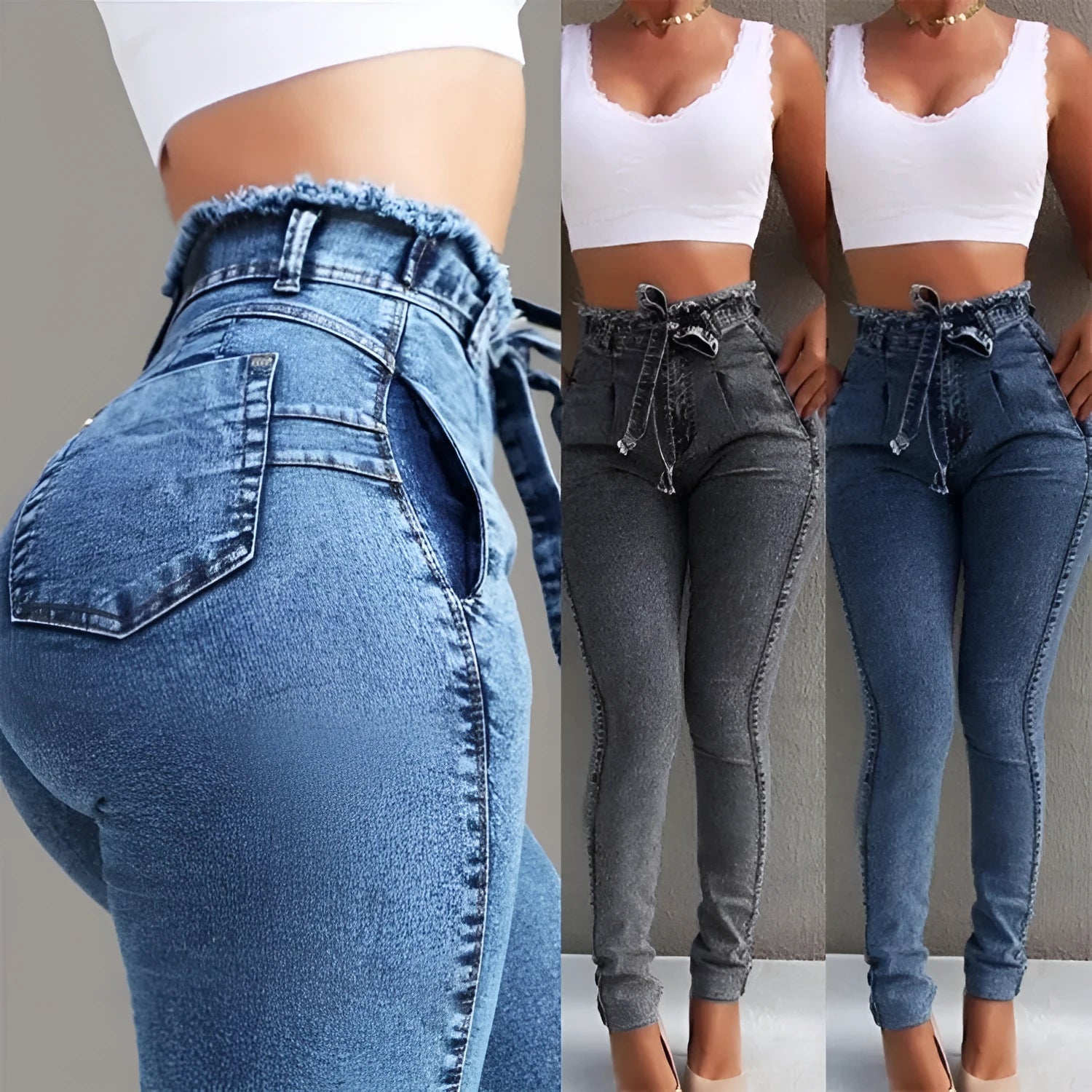 Men's fringed jeans in cowboy fabric available in grey, dark blue, and light blue