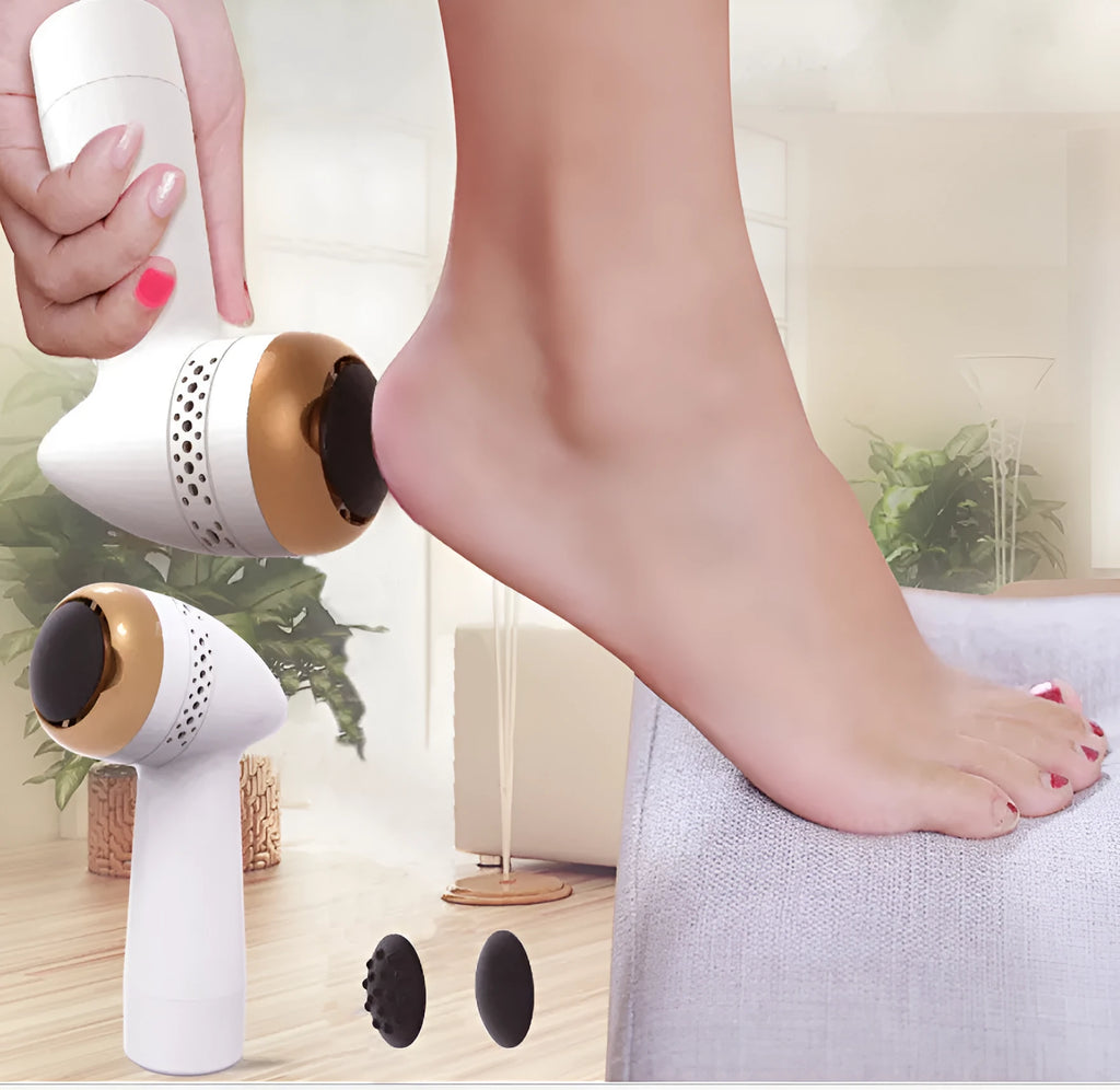 Electric vacuum foot grinder with natural quartz grinding head in gold colour.