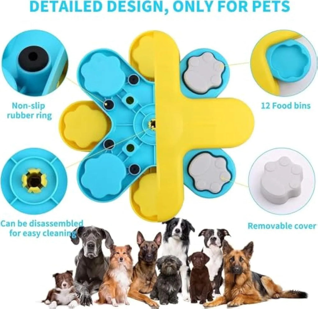 Yellow three-layer rotating dog puzzle feeder with anti-slip base for interactive feeding