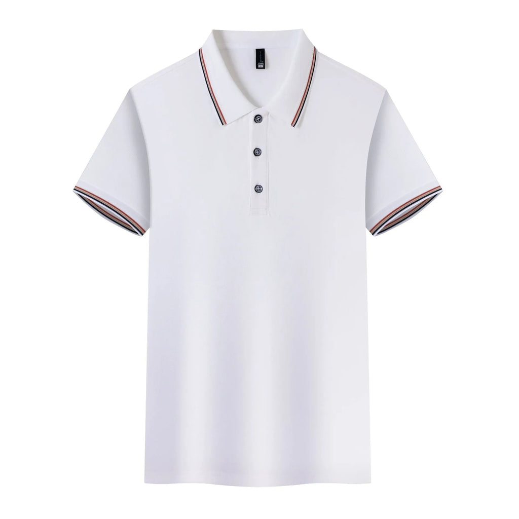Solid colour ice silk polo shirt on a hanger, showing the collar and placket detail.