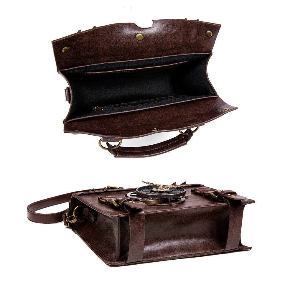 Bronze steampunk shoulder bag with textured PU, metal hardware, and square pillow shape.