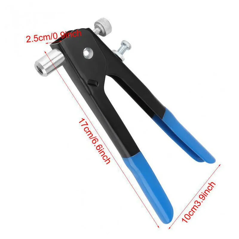 Alloy steel hand-held manual riveter tool with a selection of aluminium blind rivet nuts.