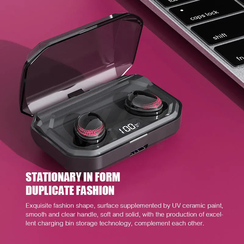 Black X10 Bluetooth wireless earbuds and compact rectangular charging case on a white background.