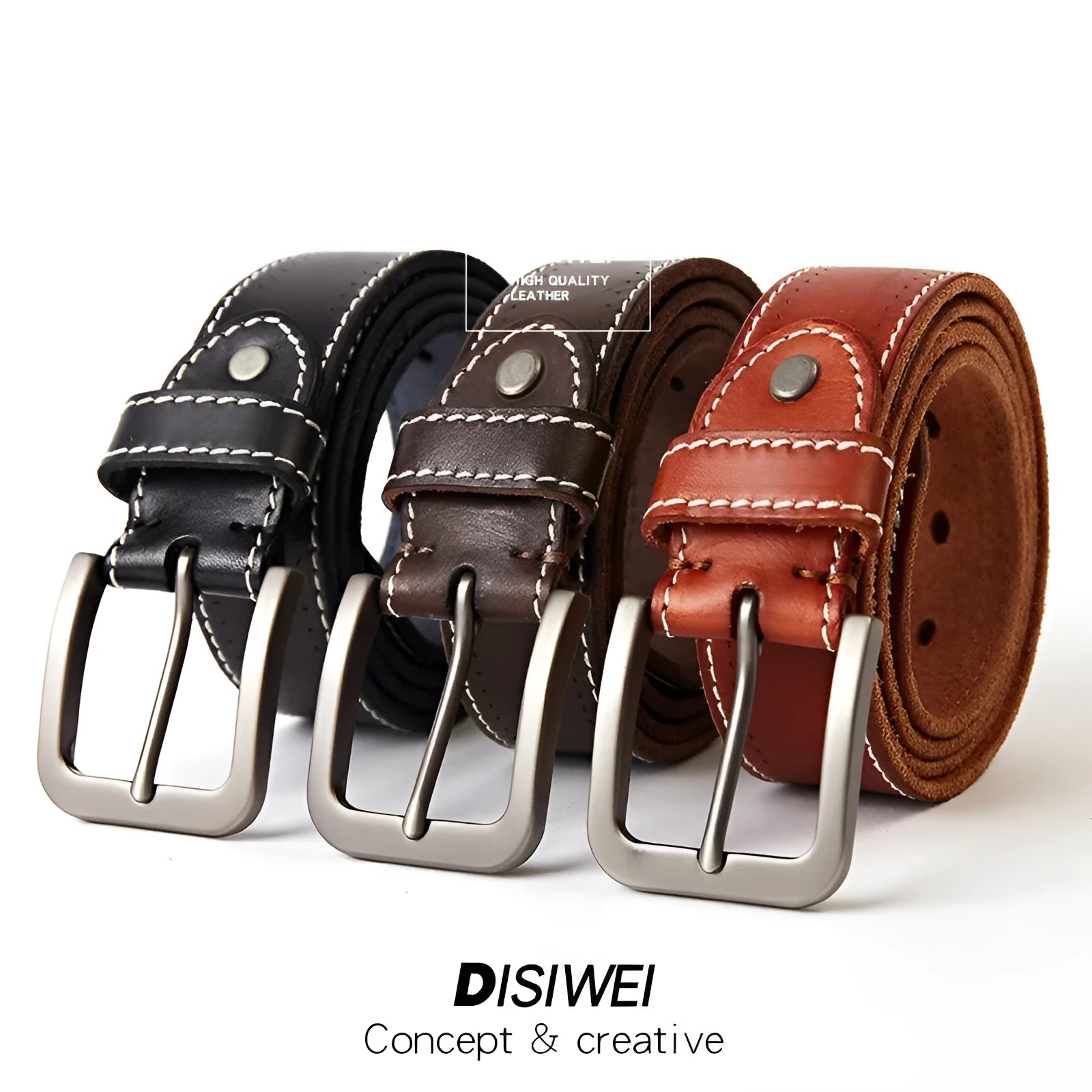 Washed leather belt in khaki with alloy pin buckle on a neutral background