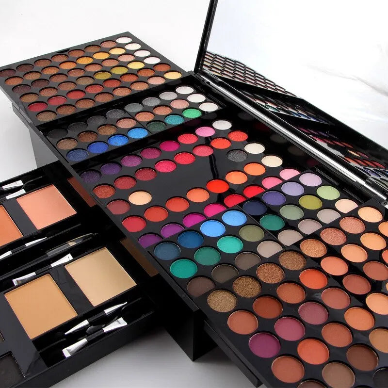 Piano-shaped makeup palette box showing 190 colour pans including eyeshadows, blush and contour powders