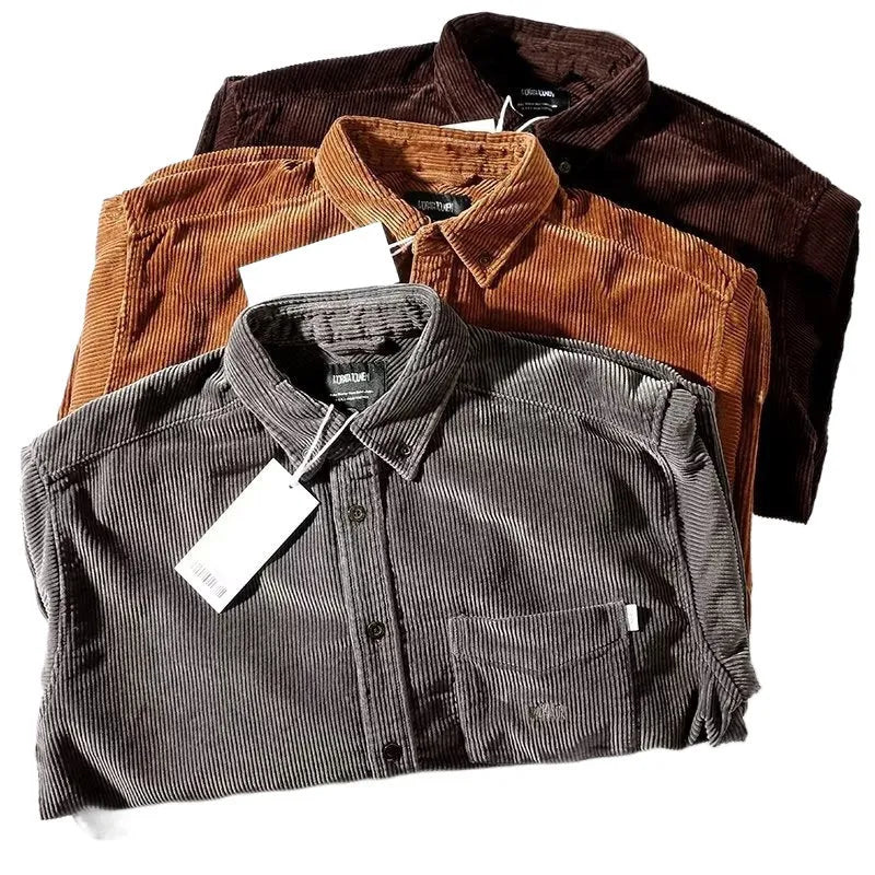 Long sleeve loose shirt in polyester corduroy fabric with caramel colour option