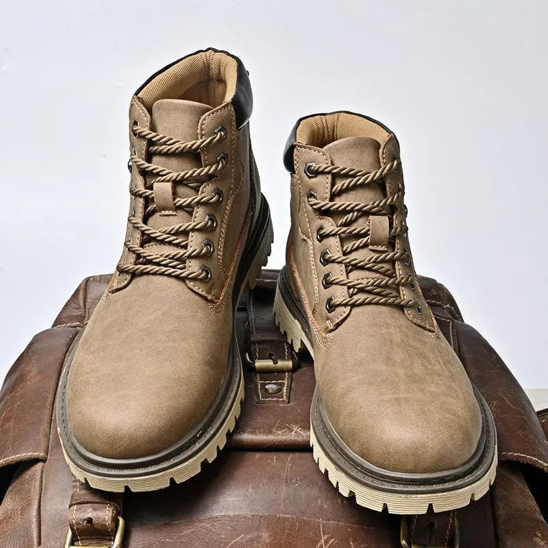 Genuine leather men's mid-top Martin boots with stitched rubber sole and mesh upper in black, brown, and khaki