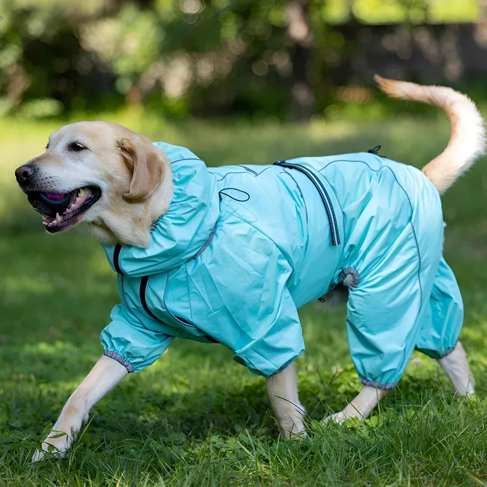 Dog wearing red polyester shell jacket with cotton-padded interior for warmth