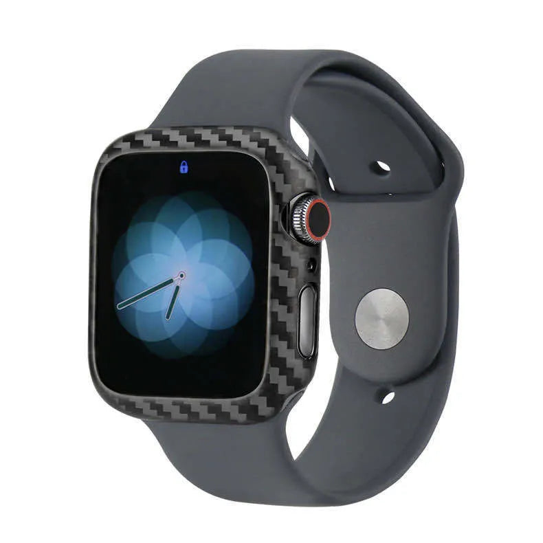 Carbon fibre and leather half-wrap protective case for 44mm Apple Watch Series 4 in black.
