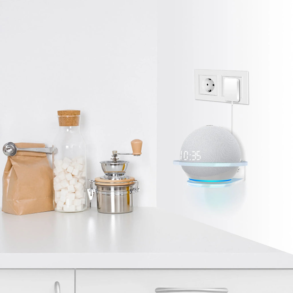White plastic wall bracket for mounting Amazon Echo Dot 4 smart speaker