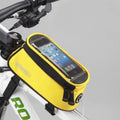 ROSWHEEL black waterproof PVC bicycle frame bag mounted on a bike, holding a mobile phone.