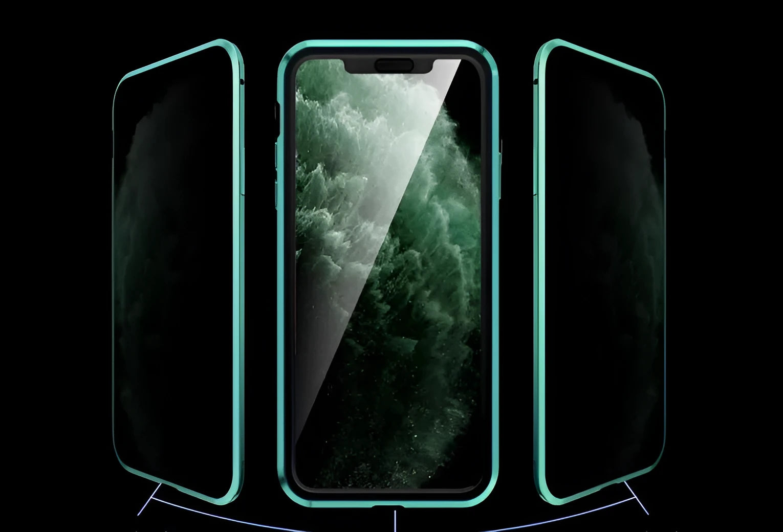 Black double-sided glass magneto clamshell case for iPhone, showing front and back tempered glass panels with magnetic closure.