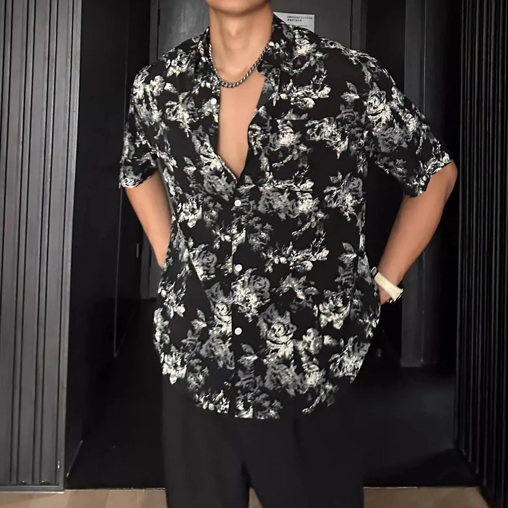 Printed floral pattern short sleeve shirt in loose cardigan style