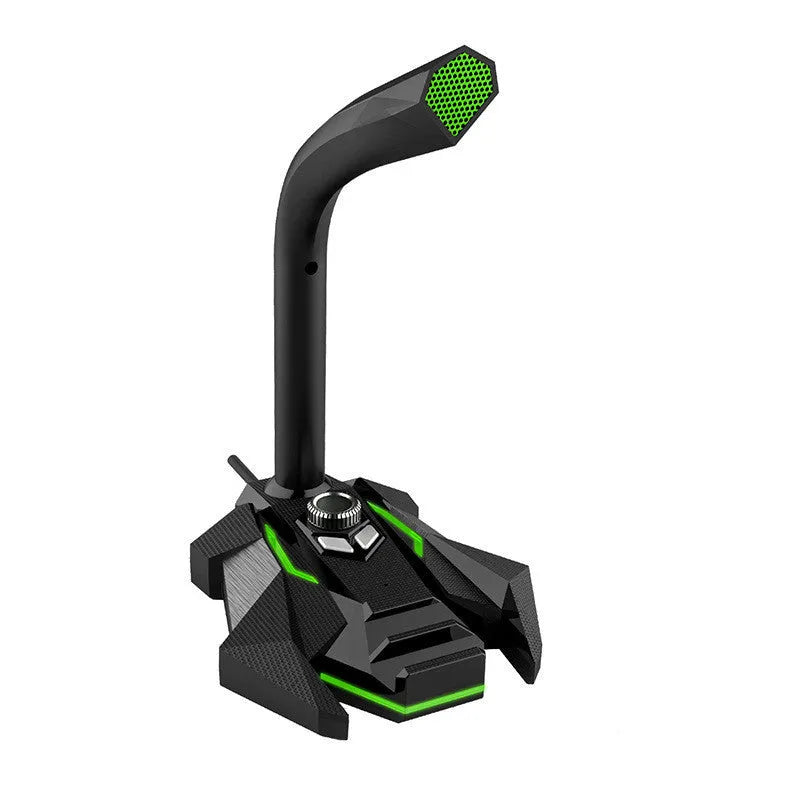 Green wired computer microphone with 1.5-metre cable and 3.5mm jack on a desk