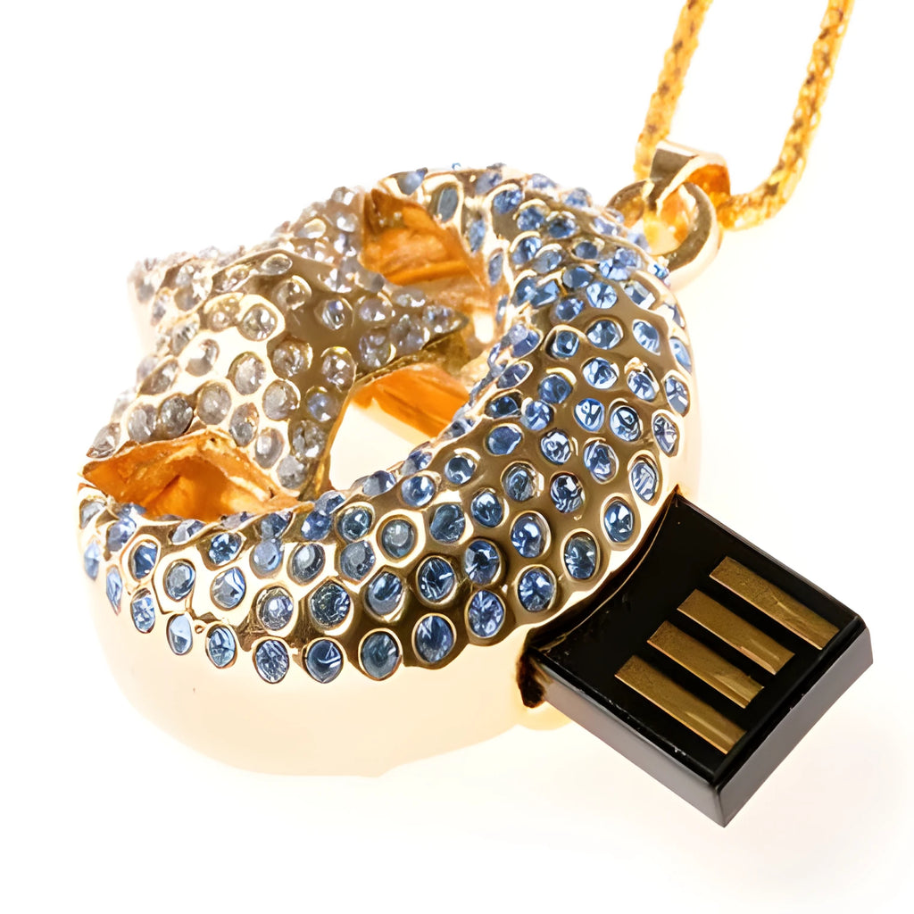 Silver metal jewellery-design USB flash drive on a keyring.