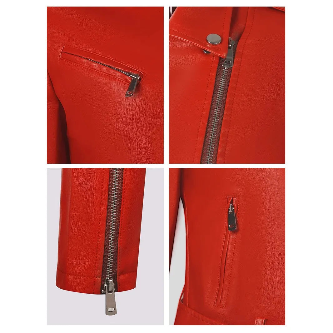 Women's red PU leather lapel jacket with an integrated short belt, shown on a model.