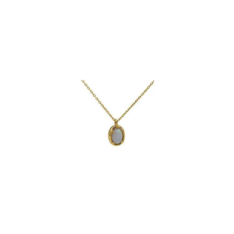 Simple geometric oval jelly opal pendant necklace on S925 silver chain in gold or white gold finish.