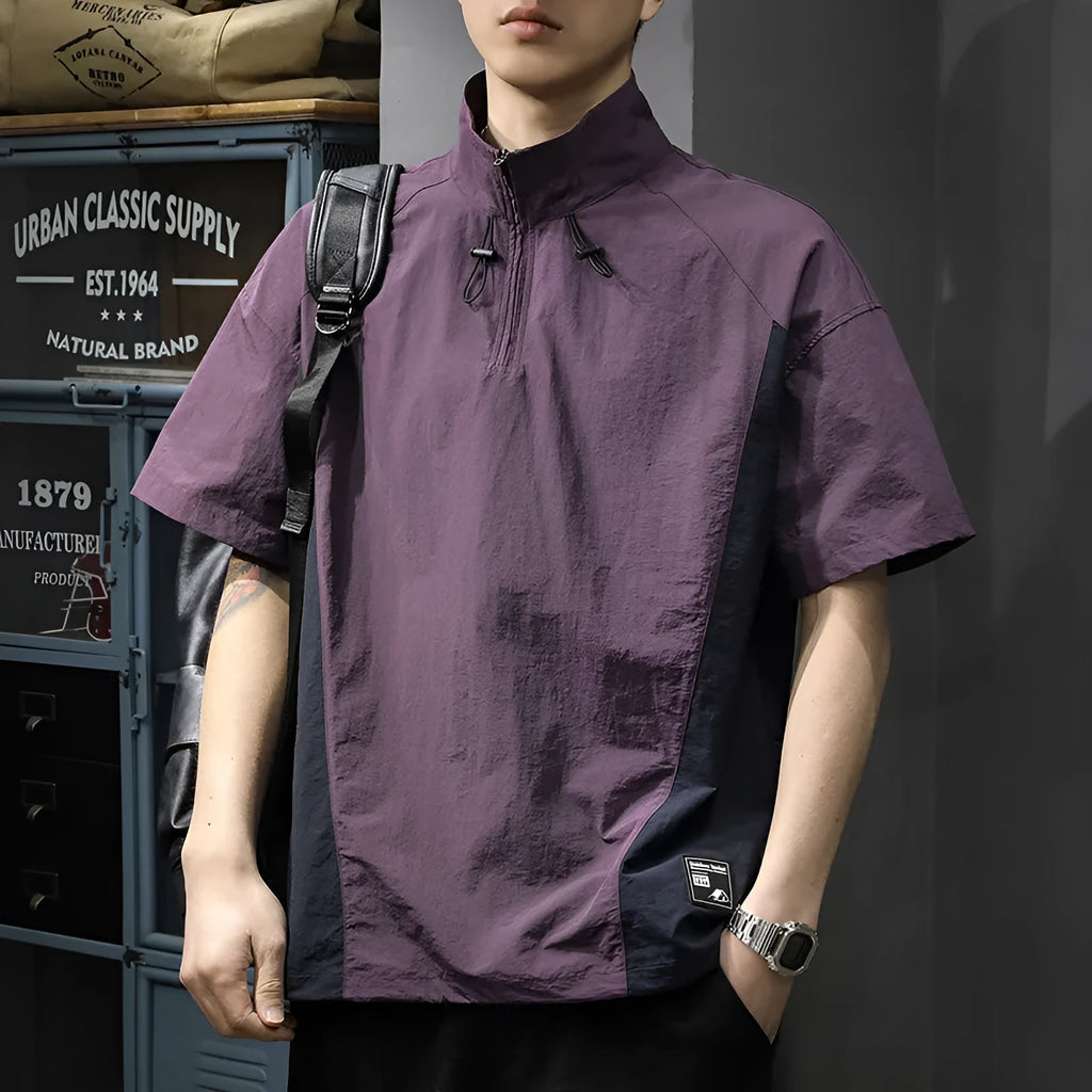 Men's brown ice silk business shirt with half zip stand collar and short sleeves showing loose fit design