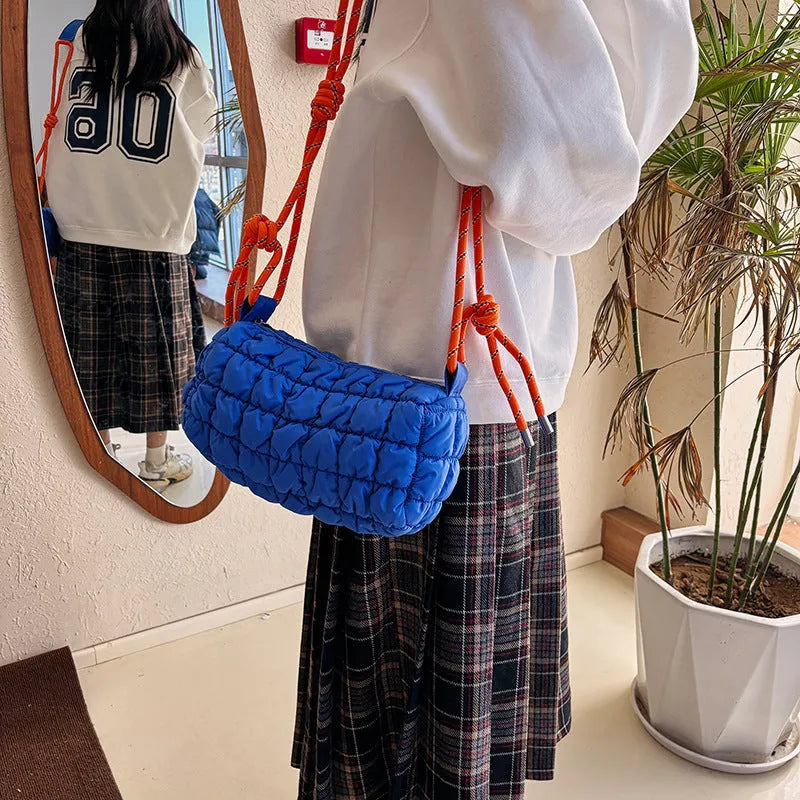 Women's lightweight nylon messenger bag with pillow shape and diamond pattern