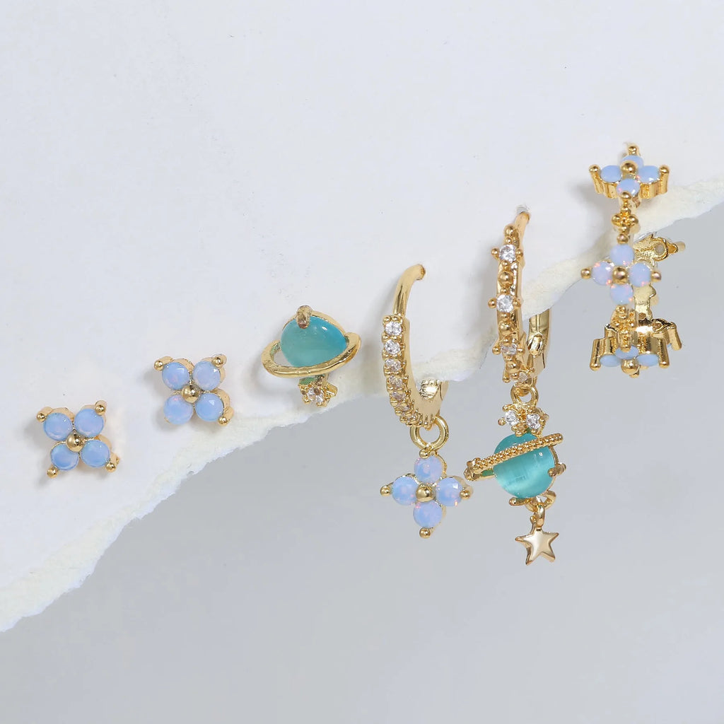 Japanese Korean style flower earrings with blue protein nail design and zircon accents in gold or silver colour