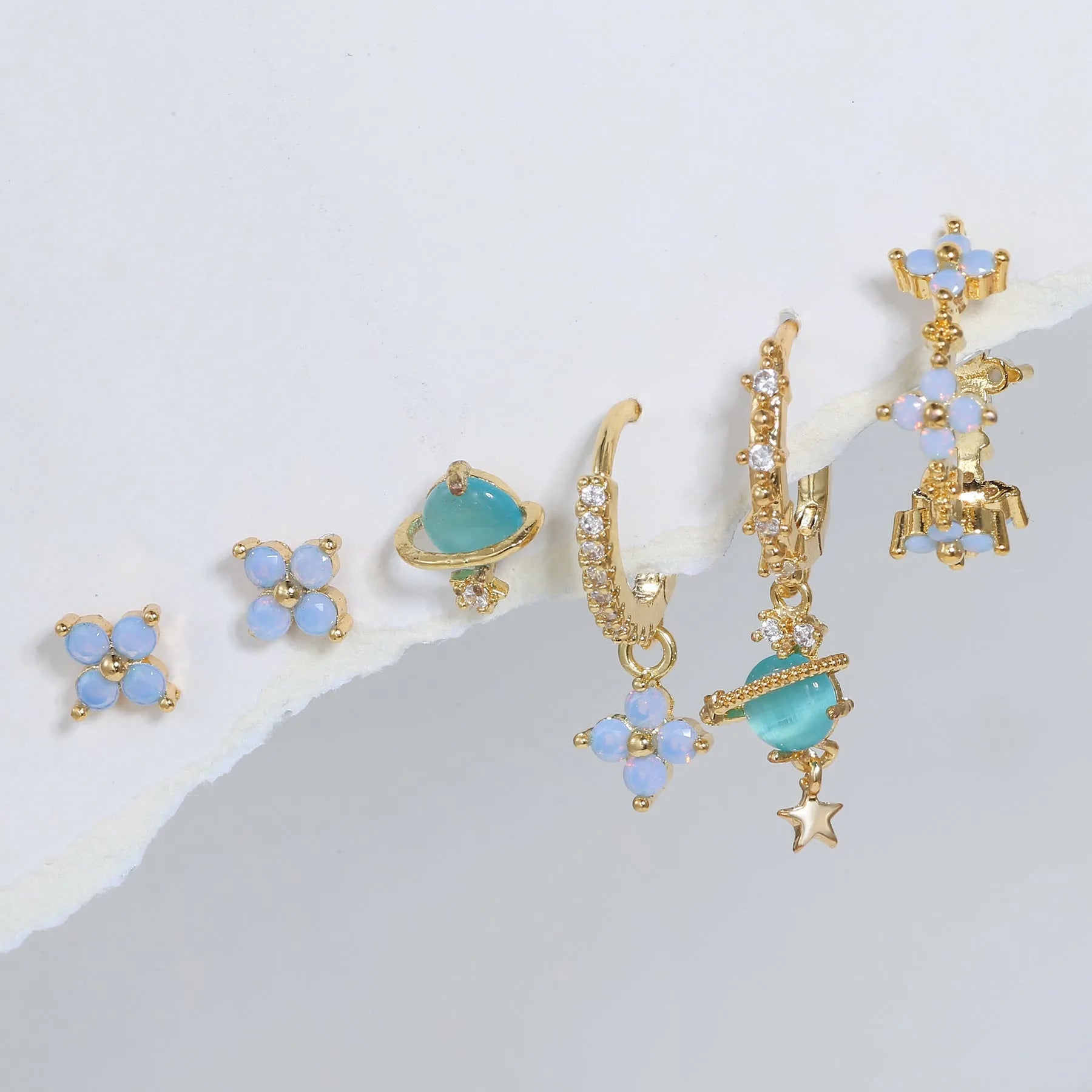 Japanese Korean style flower earrings with blue protein nail design and zircon accents in gold or silver colour