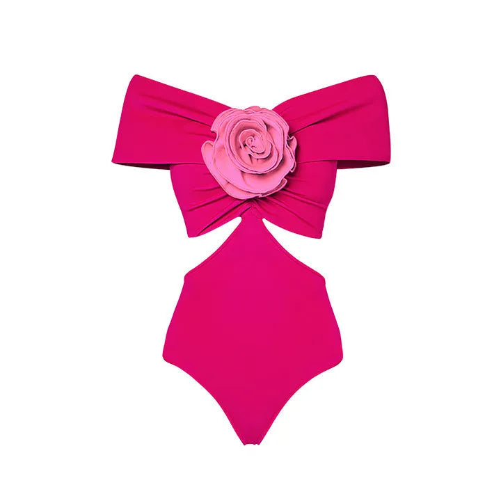 Women's floral patterned one-piece swimsuit with a hollow-out design and a matching skirt.