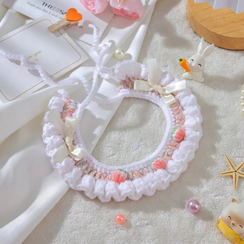 Handmade wool woven collar for British Shorthair kittens with embroidery cartoon design in pink bell bow colour