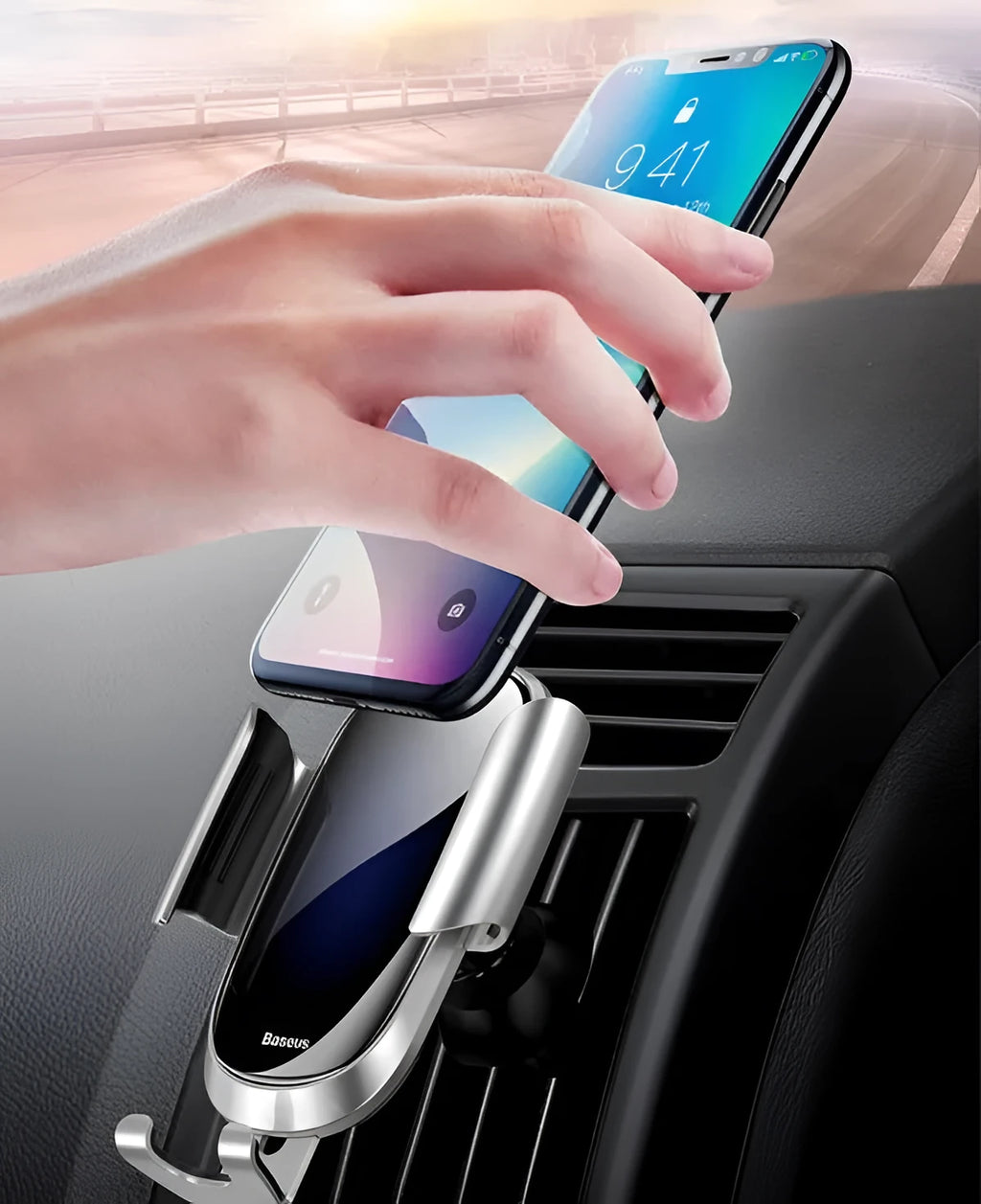 Universal car bracket smartphone holder with adjustable clamp and 360-degree rotation in black, blue, or silvery colours