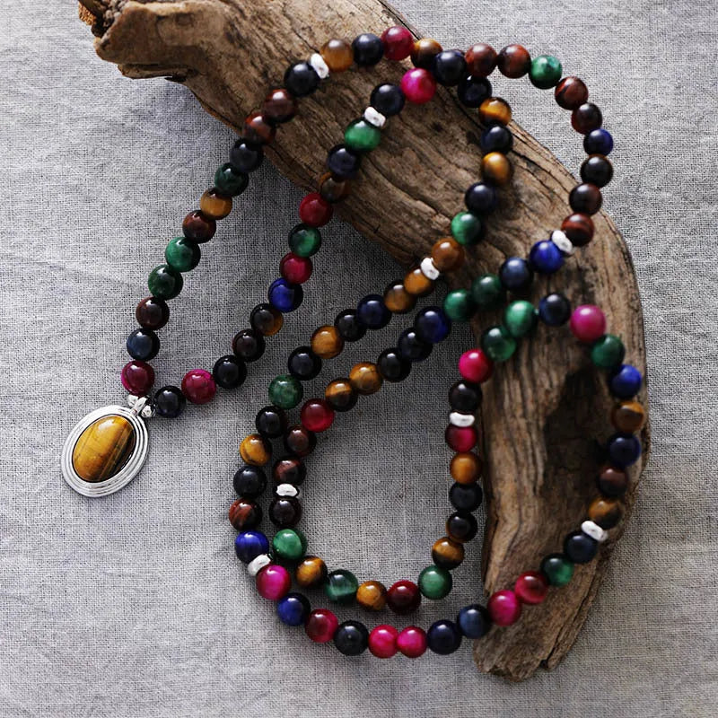 Handcrafted colour tiger-eye 108 pendant meditation necklace and bracelet with mixed gem inlay and symbolic designs
