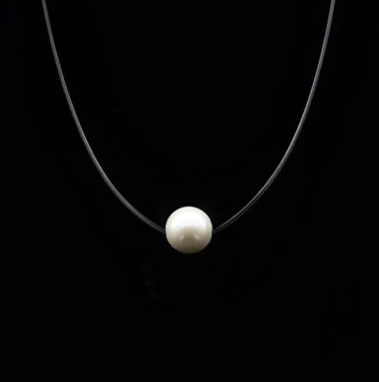 Transparent fishline necklace with simple clavicle chain and geometric copper pendant in Korean style