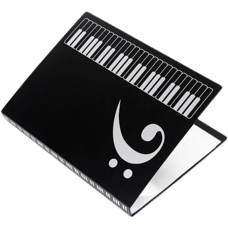 Black piano music score folder with transparent plastic insert sheets for holding sheet music.