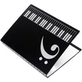 Black piano music score folder with transparent plastic insert sheets for holding sheet music.