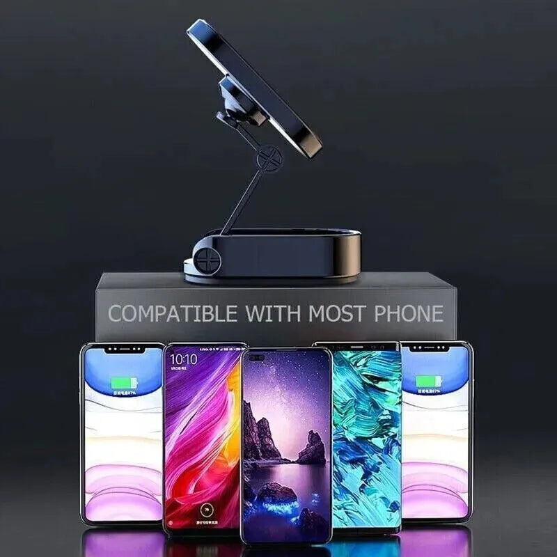 Stainless steel chrome magnetic car phone holder with folded and extended views on a dashboard.