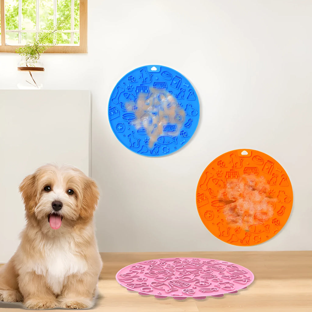 Round silicone pet licking mat with sucker base in blue colour variant