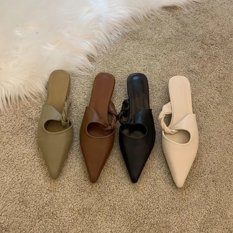 Soft leather women's slippers with semi-toe box design in black, khaki, cream-white, or dark brown.