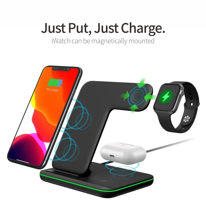 White three-in-one desktop wireless charging stand for mobile phone, smartwatch, and wireless earbuds.