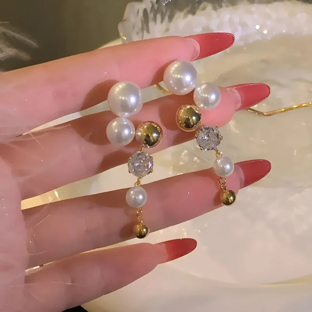 Geometric tassel drop earrings for women in Elegant Pearl colour with electroplated finish