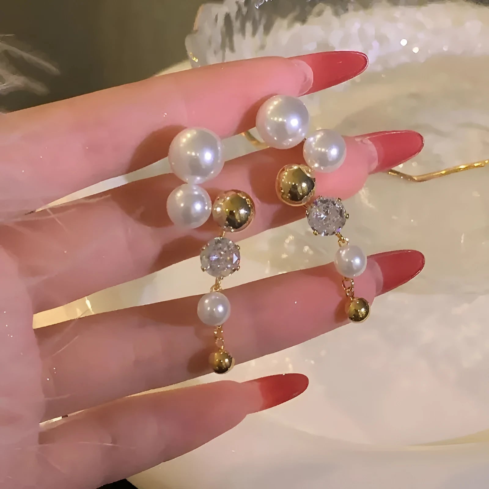 Geometric tassel drop earrings for women in Elegant Pearl colour with electroplated finish