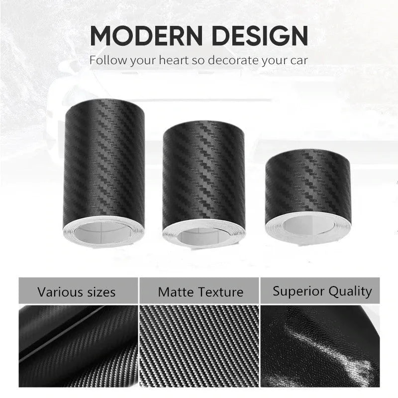 Matte carbon fibre roll for car door sill protection with 3D texture, shown in various widths on a 5-metre spool.
