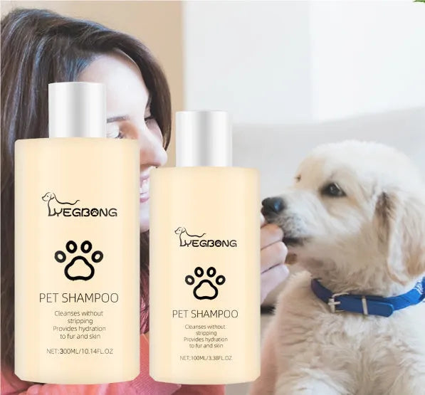 Mild pet shampoo bottle for dogs and cats in 100ml and 300ml sizes for fur cleaning