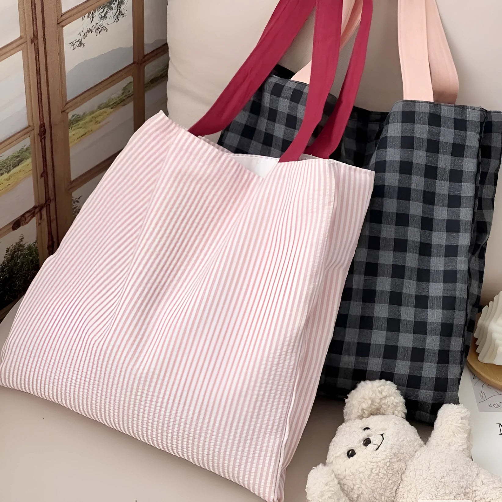 Canvas plaid tote shoulder bag with lining and adjustable strap in three colour patterns