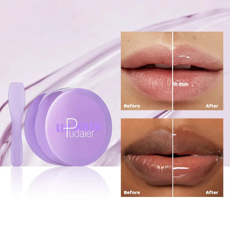 Exfoliating lip balm jar with lid alongside lip mask and scraper tool on white background