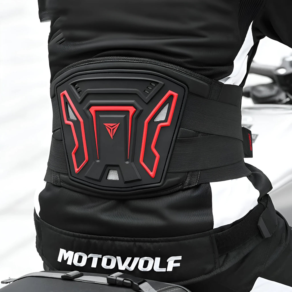 MDL1028 motorcycle waist supporter in black and red colours showing front and back views