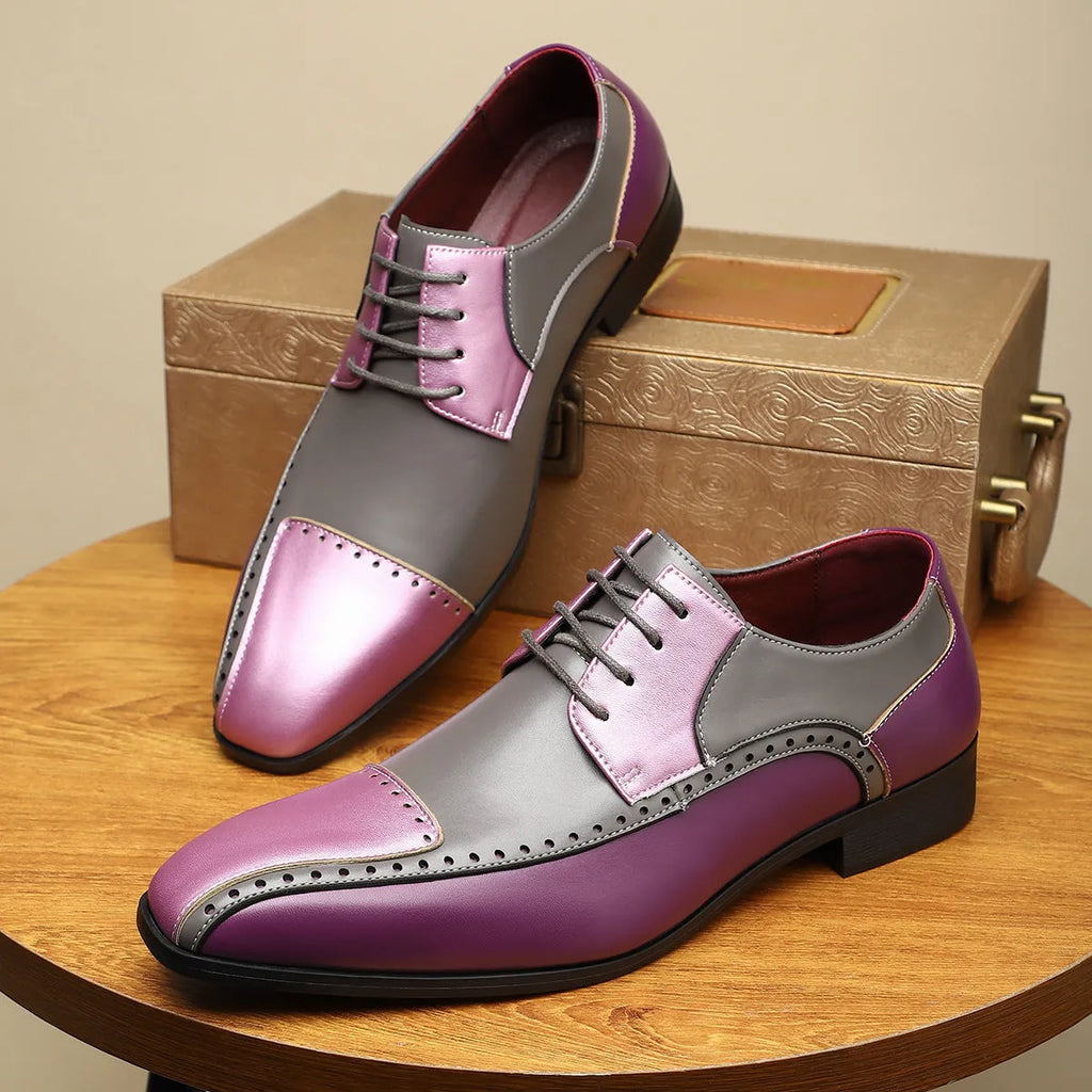 Men's low-top leather shoes in black, green, or purple with stitching detail and a leather toe cap.