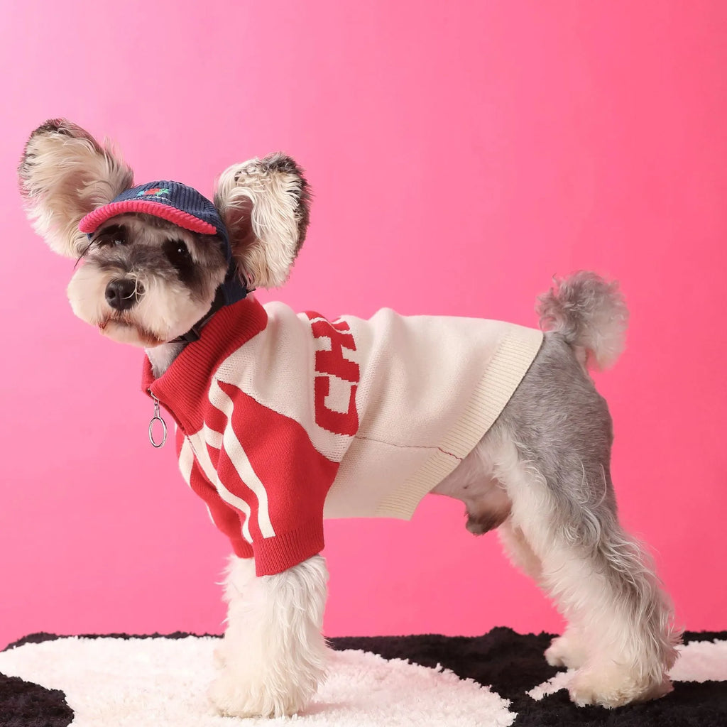 Wool dog sports cardigan sweater in dark green or red on canine model