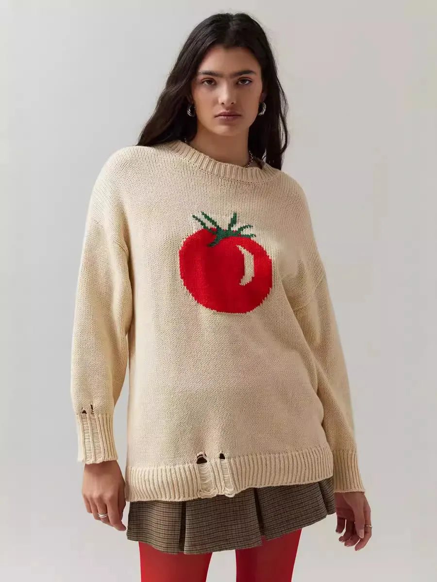 Women's beige acrylic jacquard sweater with round neck and long sleeves