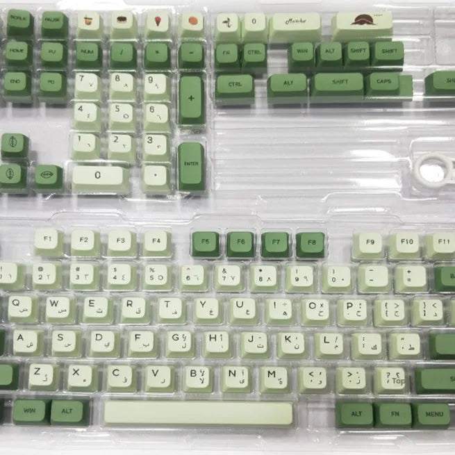 124-key matcha green PBT keycap set for mechanical keyboards, showing multiple language legend options.